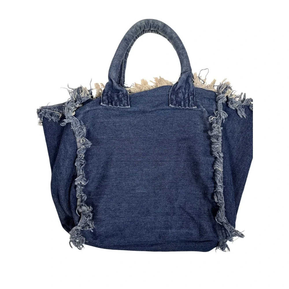Vintage Hipchik Couture hobo chic Denim Smiley Face Tote Distressed Fringe bag